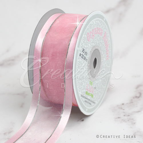 1 1/2" Organza With Satin & Silver Edge Ribbon - 25 Yards (Light Pink)