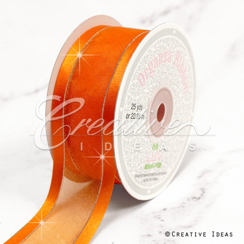 1 1/2" Organza With Satin & Silver Edge Ribbon - 25 Yards (Orange)