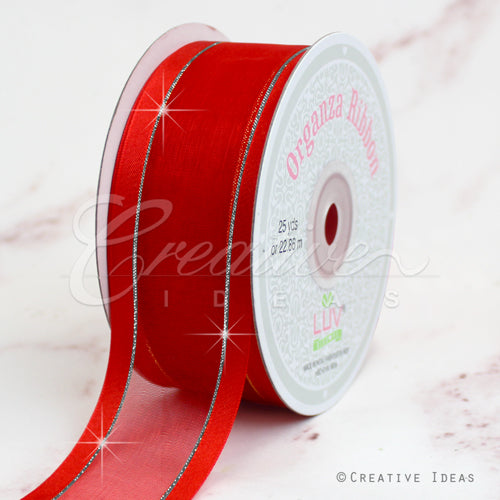 1 1/2" Organza With Satin & Silver Edge Ribbon - 25 Yards (Red)