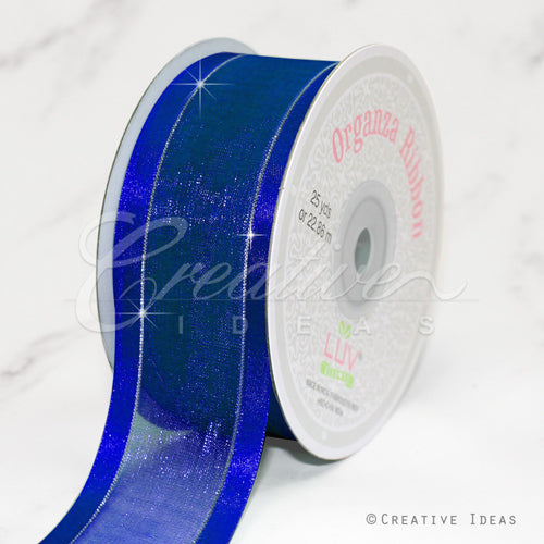 1 1/2" Organza With Satin & Silver Edge Ribbon - 25 Yards (Royal Blue)