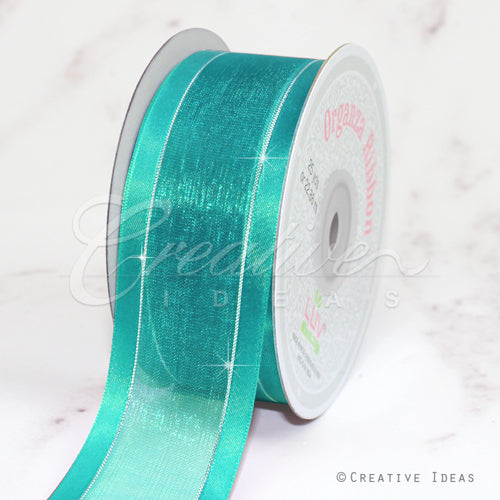 1 1/2" Organza With Satin & Silver Edge Ribbon - 25 Yards (Tropic Blue)