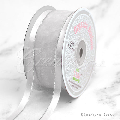 1 1/2" Organza With Satin & Silver Edge Ribbon - 25 Yards (White)