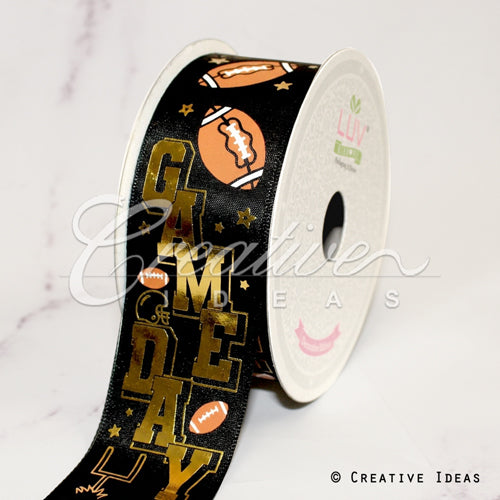 1 1/2" Satin Foil Game Day Football Ribbon-21 Feet (Black)