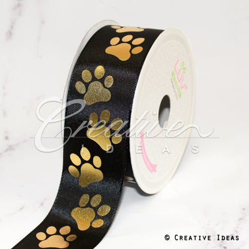 1 1/2" Satin Metalic Paw Print Ribbon-21 Feet (Black/Gold)