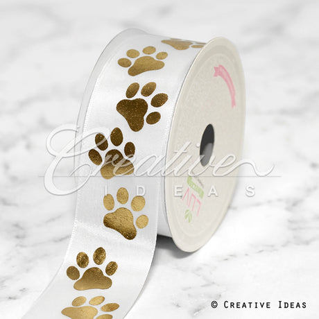 1 1/2" Satin Metalic Paw Print Ribbon-21 Feet (White/Gold)