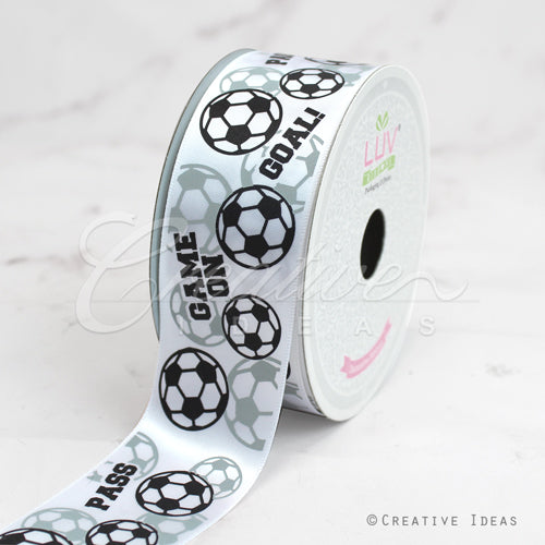 1 1/2" Satin Soccer Game On Ribbon-10 Yds (White)