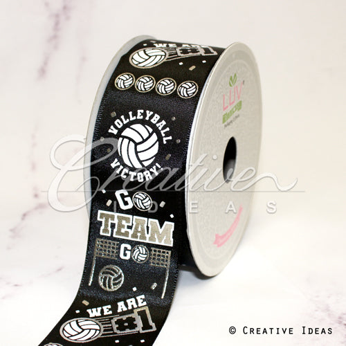 1 1/2" Satin "Victory, We Are #1" Volleyball Ribbon-21 Feet (Black)