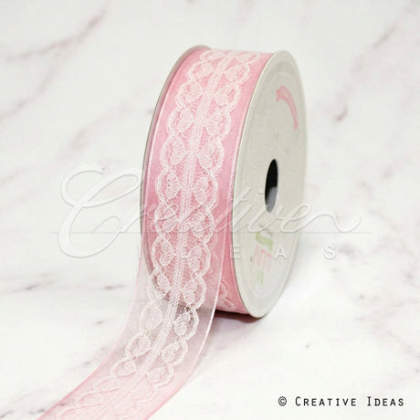 1 1/2" Scalloped Heart Lace Overlay Mesh Ribbon-10 Yds (Pink)