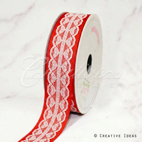 1 1/2" Scalloped Heart Lace Overlay Mesh Ribbon-10 Yds (Red)