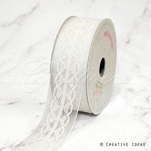 1 1/2" Scalloped Heart Lace Overlay Mesh Ribbon-10 Yds (White)