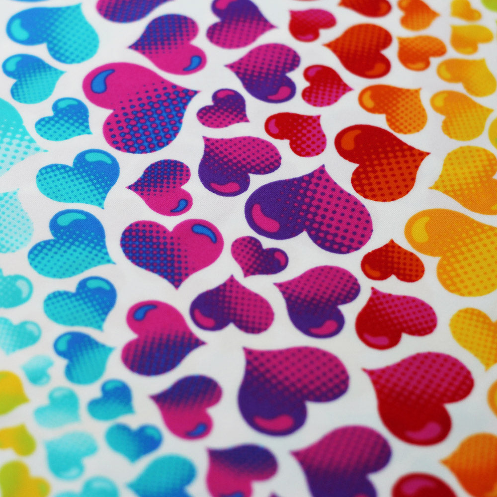 Love Mee Nylon Spandex Fabric - Rainbow Hearts Print, Black Multi Or White Multi, 58-60" Width (1 Yard)