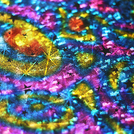 Cosmic Star Nylon Spandex Fabric - Red Multi/Black Multi, Rainbow Stars, 58/60" Width (1 Yard)