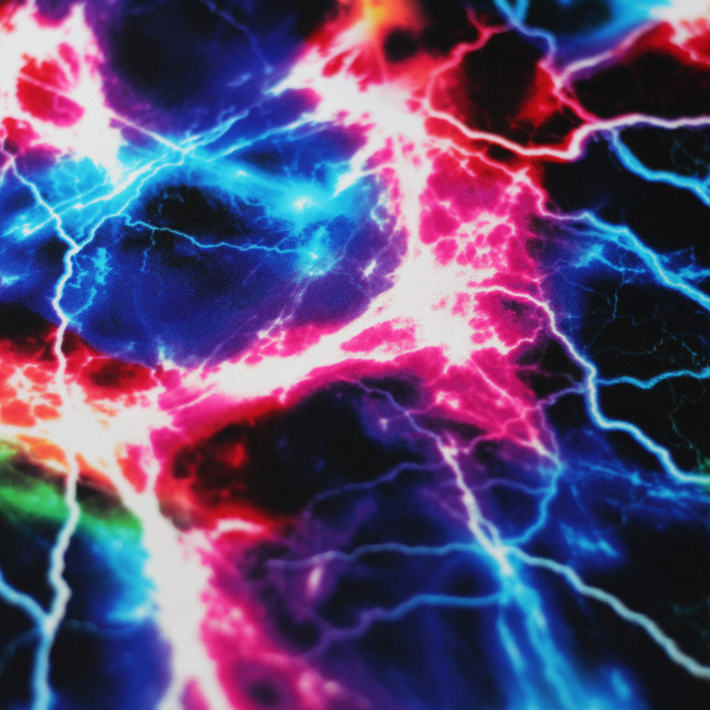 Cosmic Thunder Nylon Spandex Fabric - Black/Multi Lightning Night Sky Print, 58/60" Width (1 Yard)