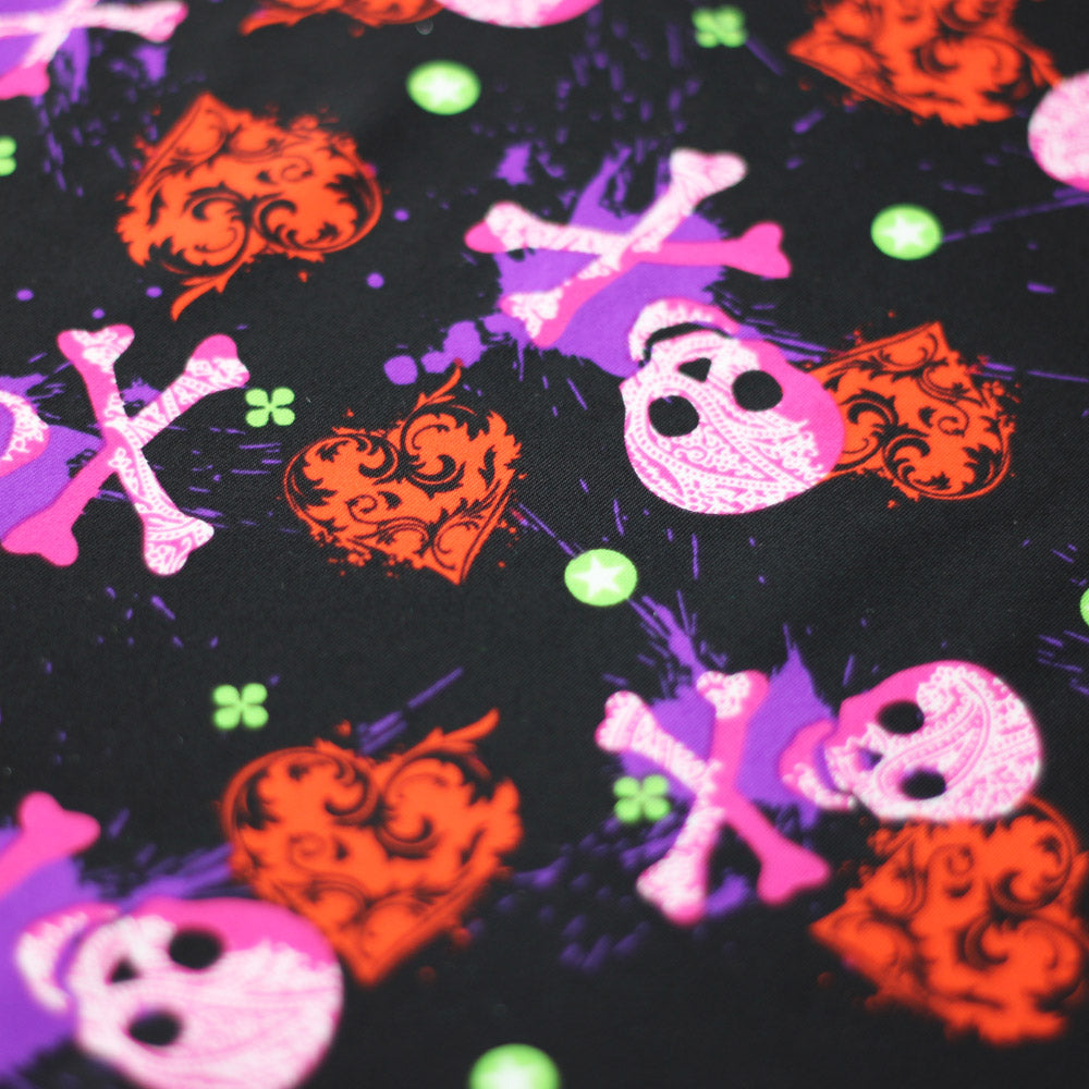 Heart Of Stone Nylon Spandex Fabric - Shiny Red/Green, Heart And Skull Pattern, 58/60" Width (1 Yard)