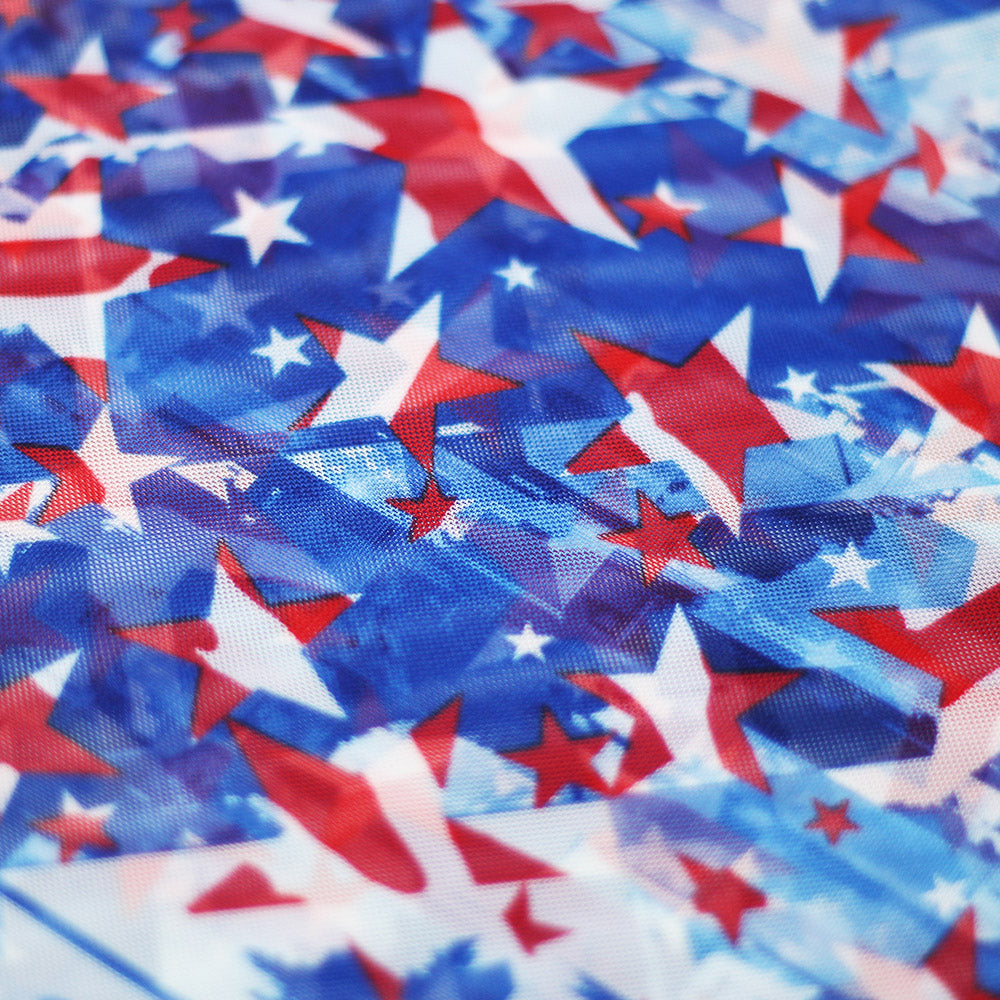 Star Spangled Polyester Spandex Fabric - American Flag Print, Red And White Stars On Blue, 58-60" Width, 240 GSM (1 Yard)