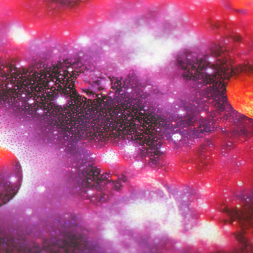 Galaxy Polyester Spandex Fabric - Pink, Blue, Multi, Sparkly Galaxy Print, 58/60" Width, 200 GSM (1 Yard)