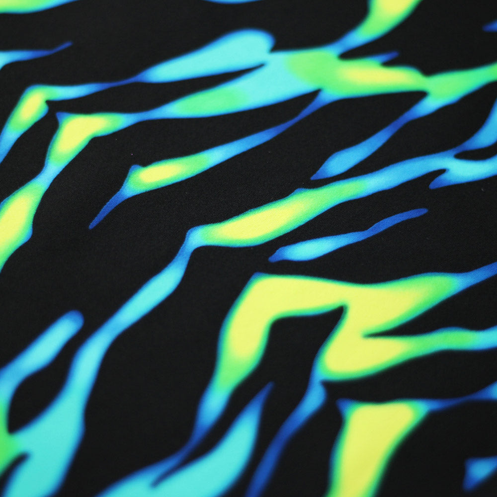Eye Of The Tiger Nylon Spandex Fabric - Blue/Green Or Pink/Orange Tiger Print On Black, 58/60" Width (1 Yard)