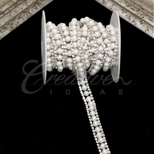 1/2" Faux Pearl Center Rhinestone Chain-3 Yds (Silver)