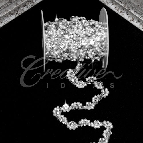1/2" Wavy Pearls Rhinestone Chain-3 Yds (Silver)