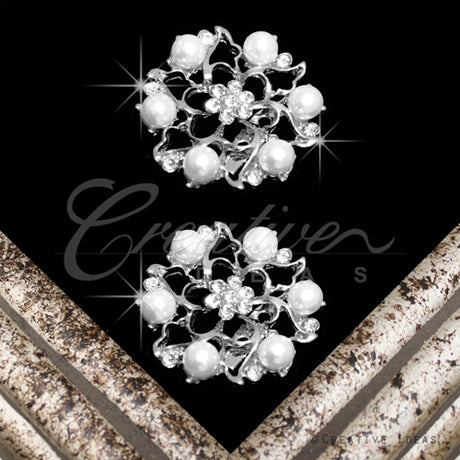 1 3/8" Pearl Flower Rhinestone Brooch-2 Pcs (Silver)