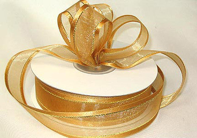 1.5"x25 yards Old Gold Organza Satin Edge with Gold Trim Gift Ribbon