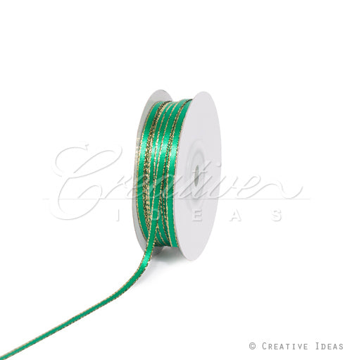1/8" Satin With Gold Edge Ribbon - 50 Yards (Emerald Green)