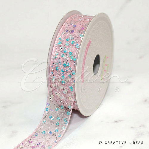 1" Iridescent Sequin Mesh Ribbon-10 Yds (Pink)