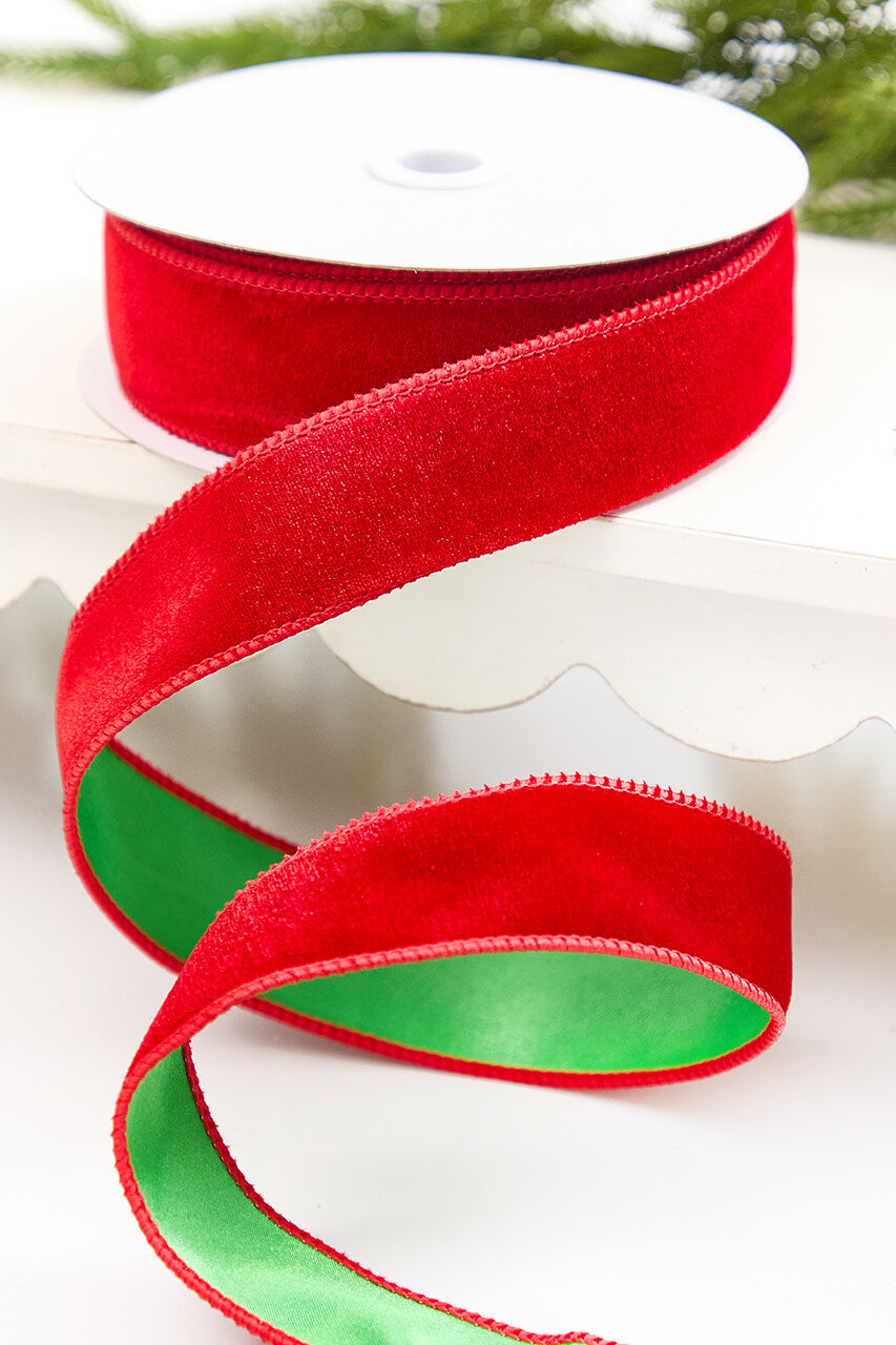1.5" x 10 Yard Red & Green Velvet with Satin Backing Ribbon