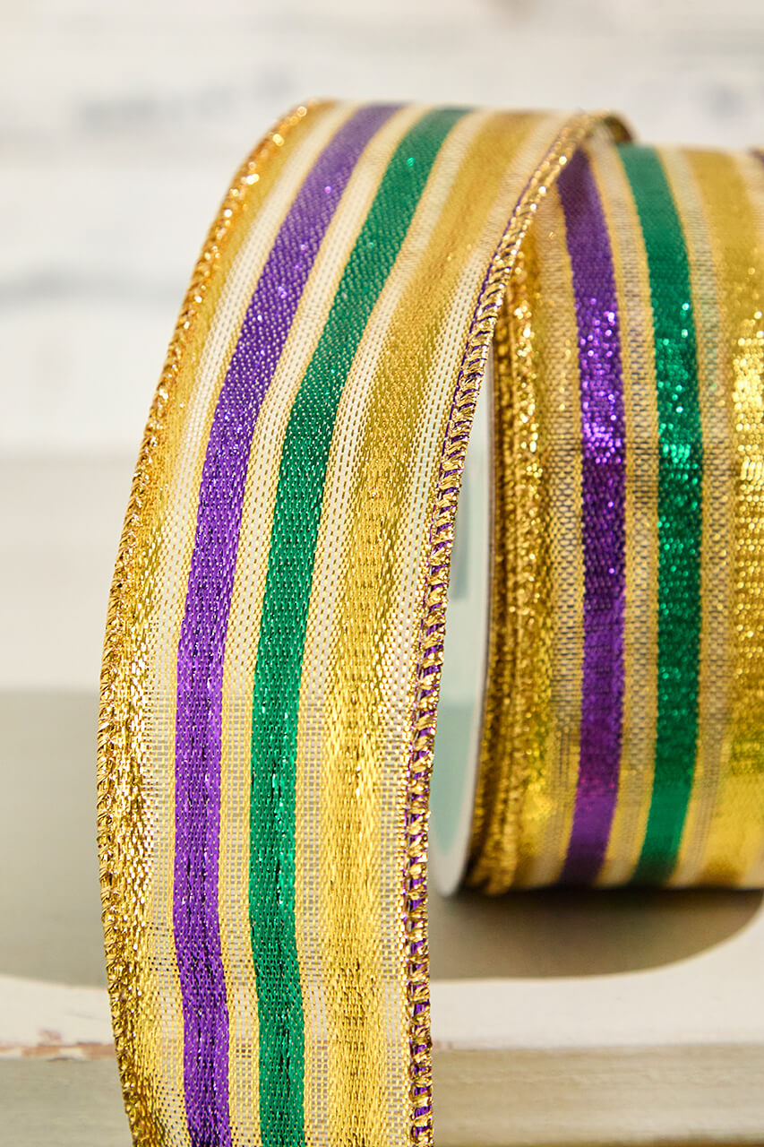 1.5" x 10 Yard Gold Green Purple Striped Ribbon