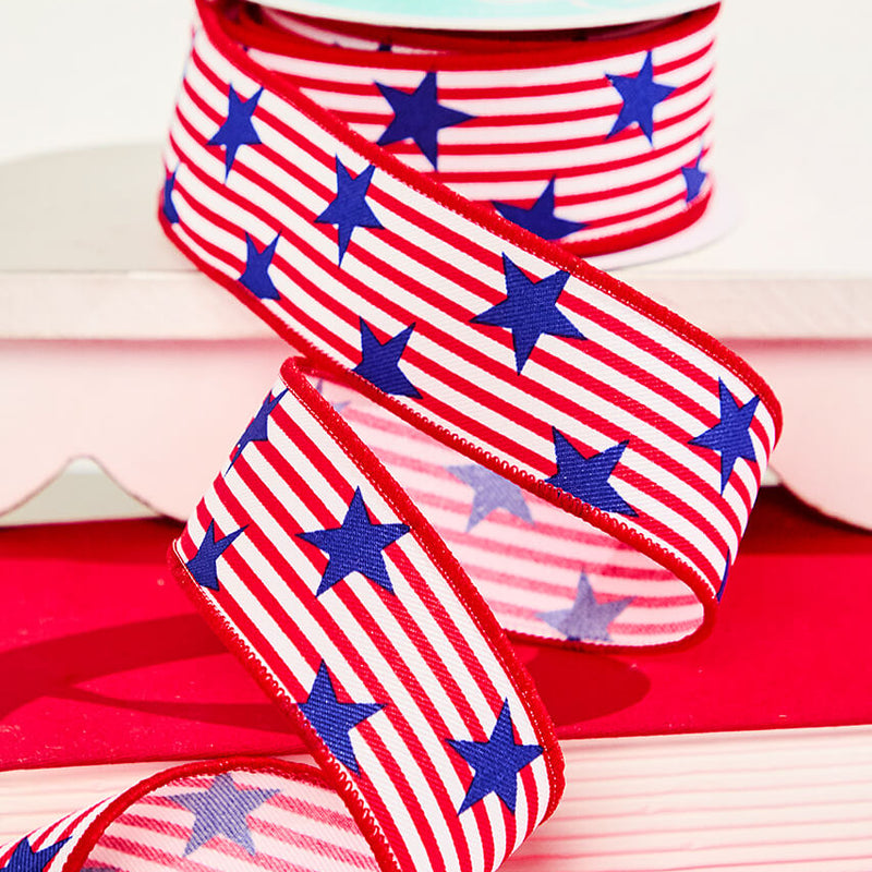 1.5" x 10 Yard Red & White Striped Ribbon with Blue Stars