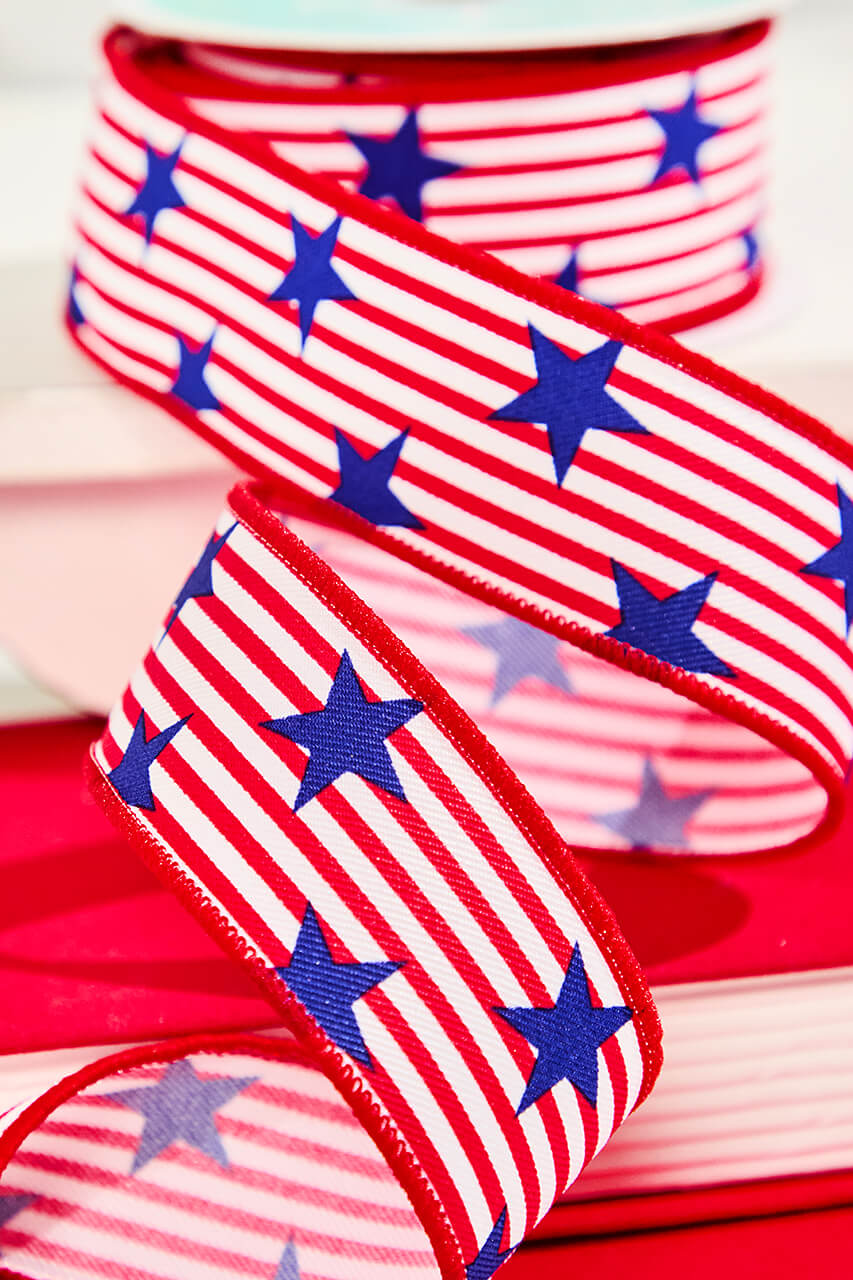 1.5" x 10 Yard Red & White Striped Ribbon with Blue Stars