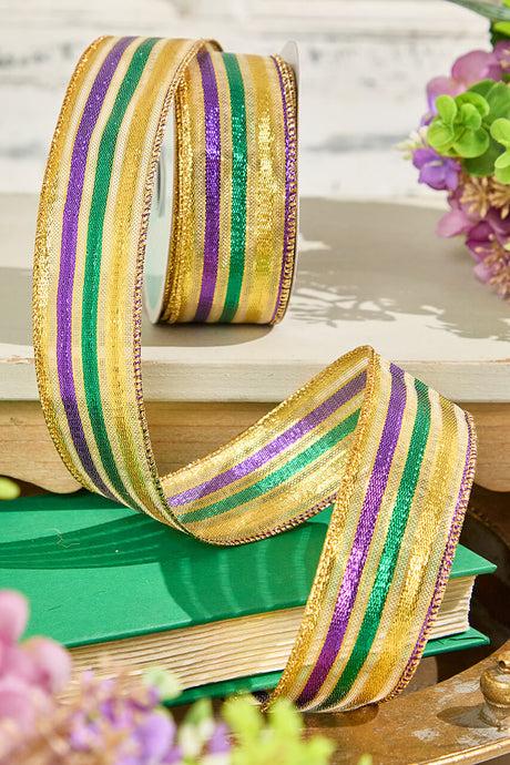 1.5" x 10 Yard Gold Green Purple Striped Ribbon