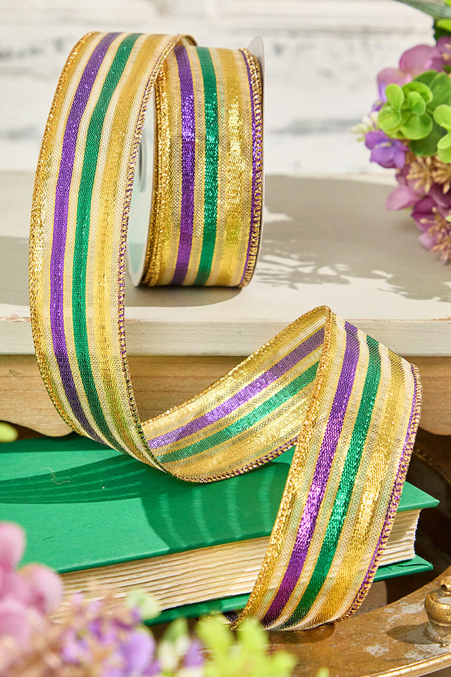 1.5" x 10 Yard Gold Green Purple Striped Ribbon