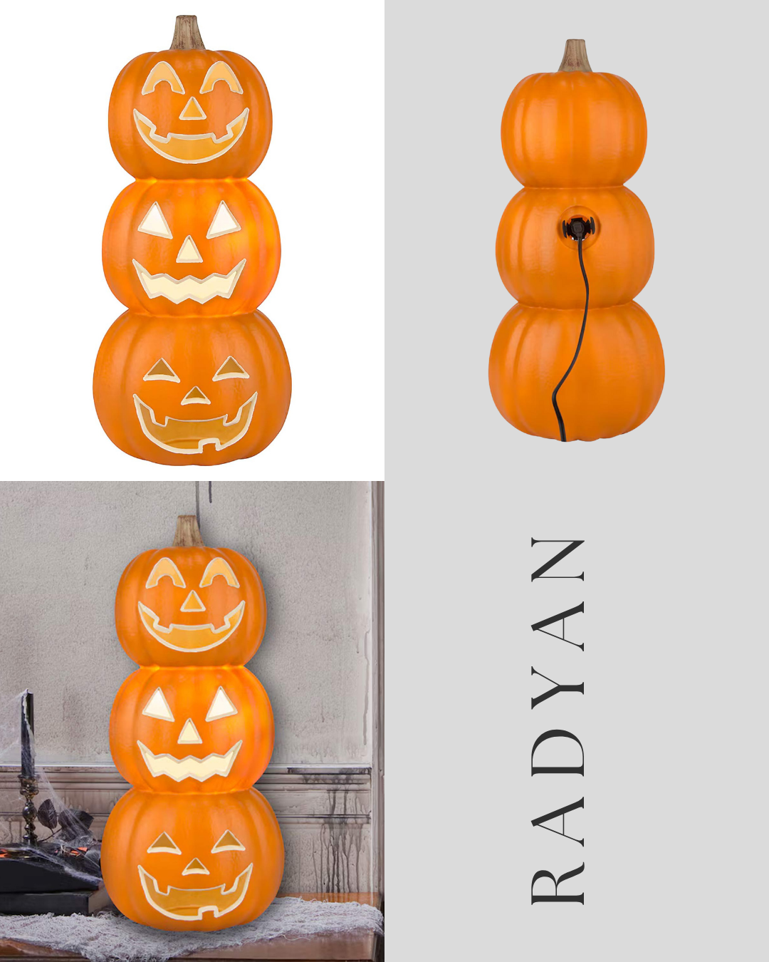 1.5ft Haunted Living Lighted Stacked Jack-o-Lanterns Halloween Decor