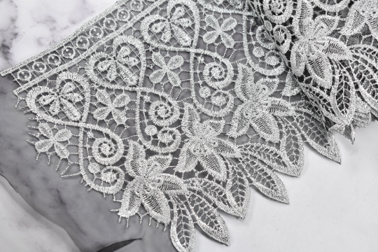 Embroidered Floral Trim Gray Metallic Venice Lace