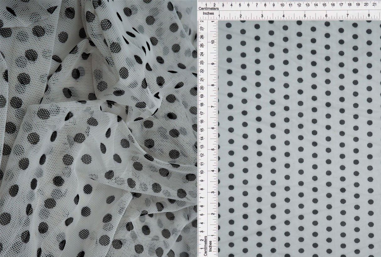 Polka Dot Mesh Stretch Fabric White/Black