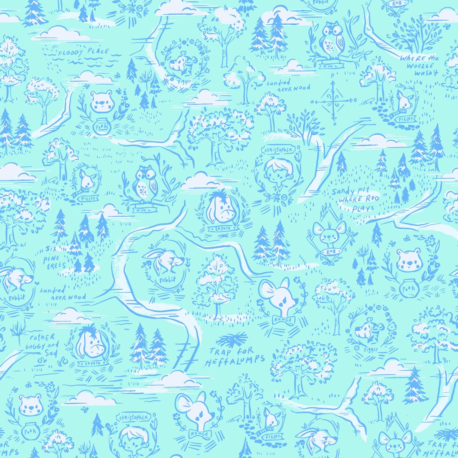 Quilting Cotton 100 Aker Woods Winnie the Pooh Map Sky Riley Blake Designs