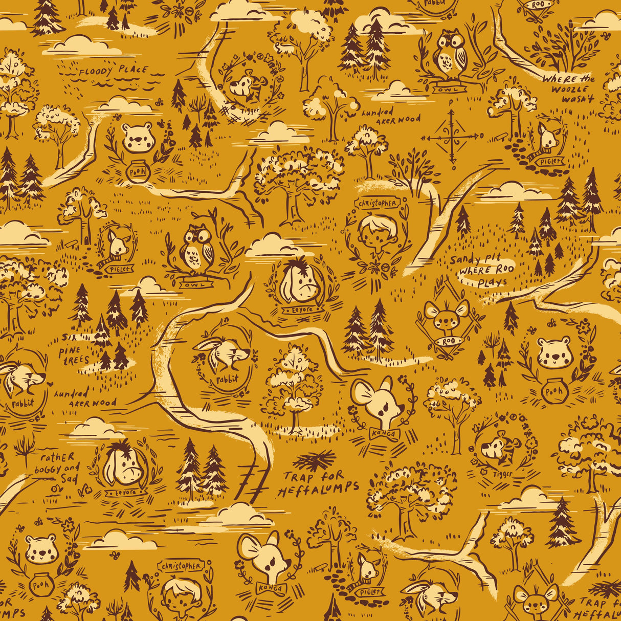 Quilting Cotton 100 Aker Woods Winnie the Pooh Map Gold Riley Blake Designs
