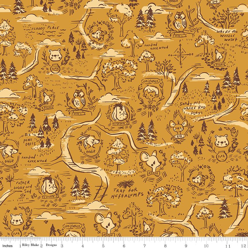 Quilting Cotton 100 Aker Woods Winnie the Pooh Map Gold Riley Blake Designs