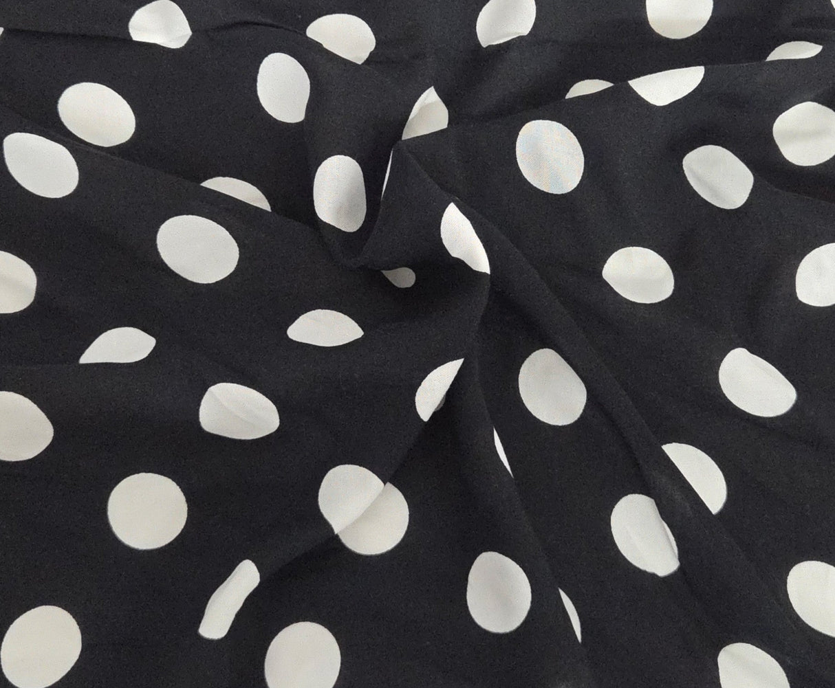 Rayon Challis White Polka Dot Black
