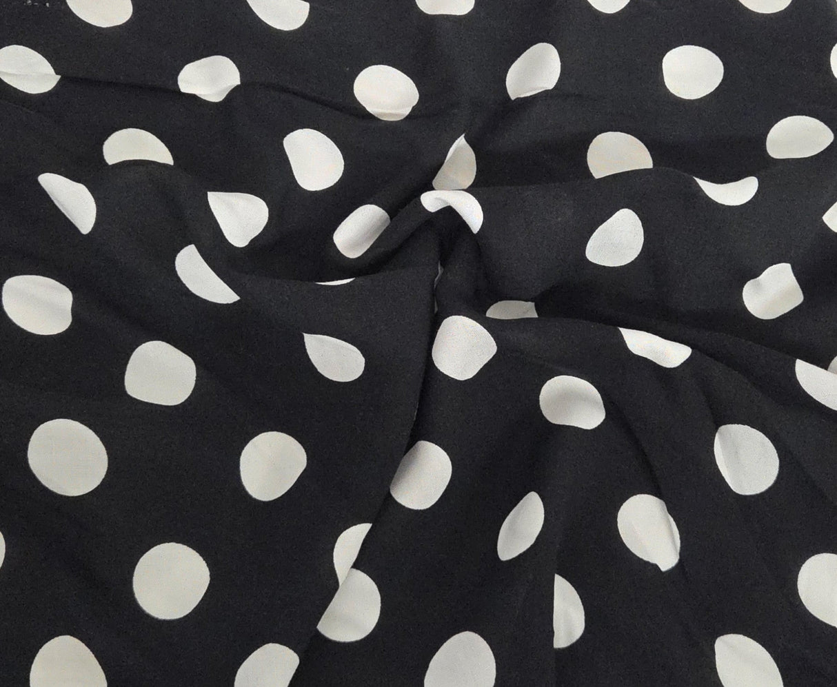 Rayon Challis White Polka Dot Black