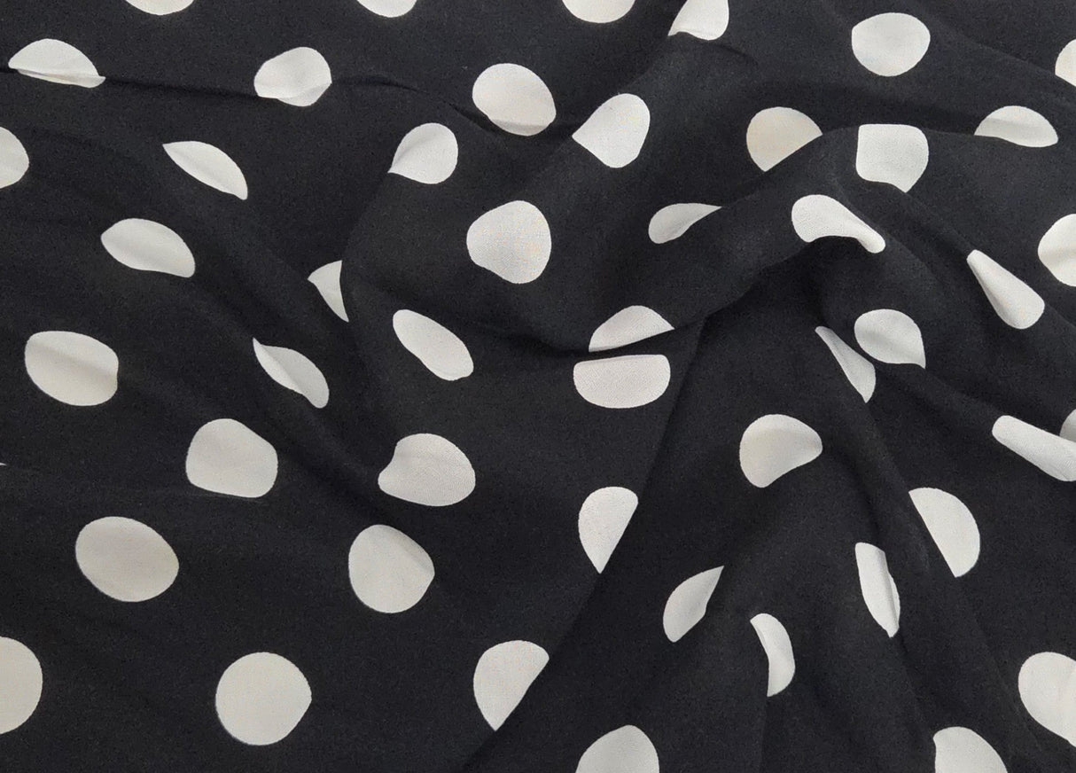 Rayon Challis White Polka Dot Black