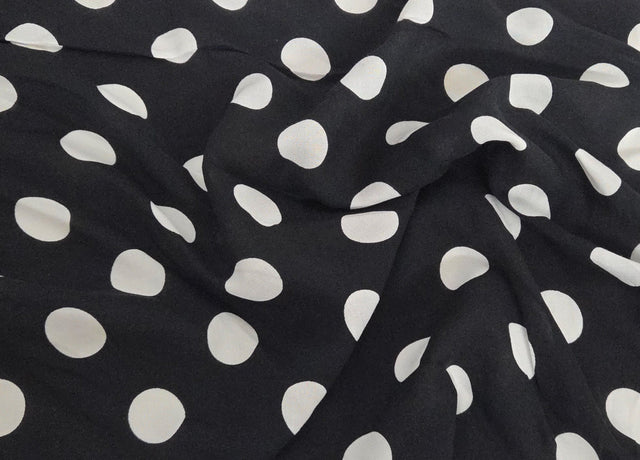 Rayon Challis White Polka Dot Black