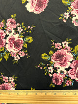 1 Yard Black Scuba Knit Fabric With Pink Burgundy Floral Print For Apparel And Activewear 58 Inches Width