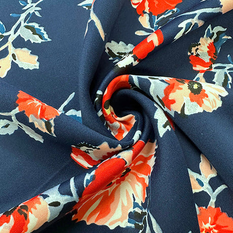 1 Yard Dark Blue Scuba Knit Fabric With Blue And Red Multi Floral Print For Apparel And Activewear 58 Inches Width