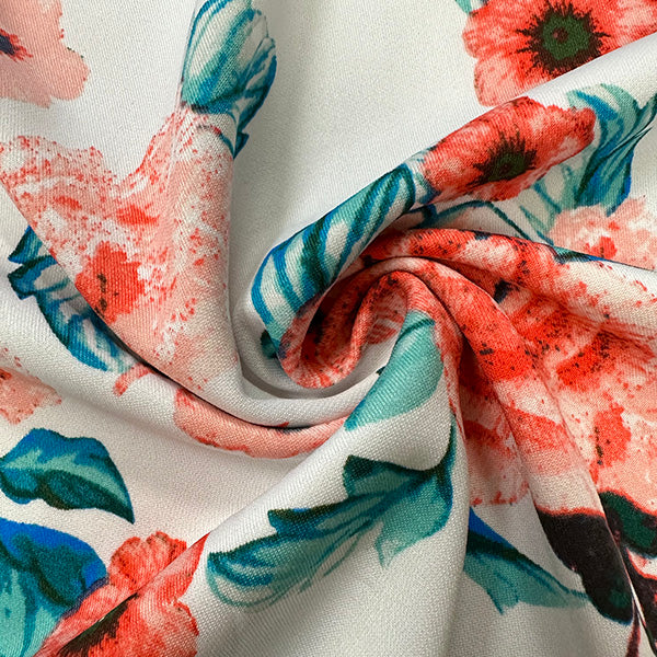 1 Yard White Scuba Knit Fabric With Multi Floral Print For Stylish Apparel And Activewear 58 Inches Width
