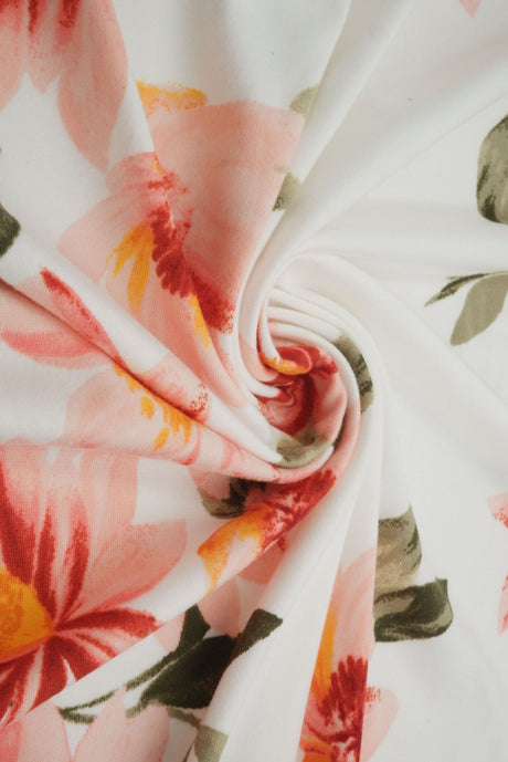 Floral Print Stretch Knit Fabric Ivory Coral