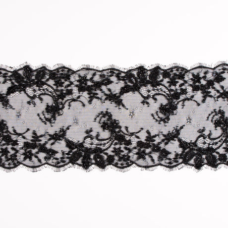 Black Beaded and Sequined Lace Trim - 6.5"