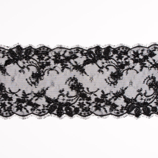 Black Beaded and Sequined Lace Trim - 6.5"