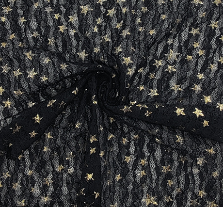 Lace With Foil Gold Stars 101812-500 Black Polyester Spandex Lace Fabric - Black, Foil Gold Stars, 50/52" Width (1 Yard)